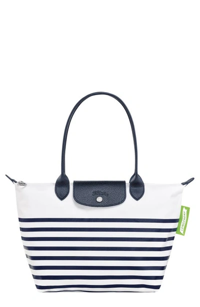Longchamp Small Le Pliage Marinière Recycled Nylon Canvas Shoulder Tote In Navy White
