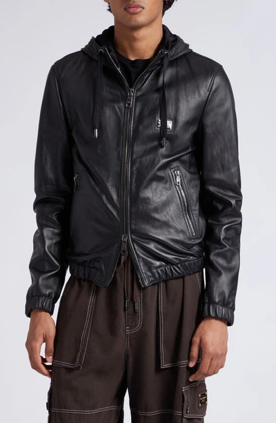 Dolce & Gabbana Logo Plaque Leather Hooded Blouson Jacket In Black