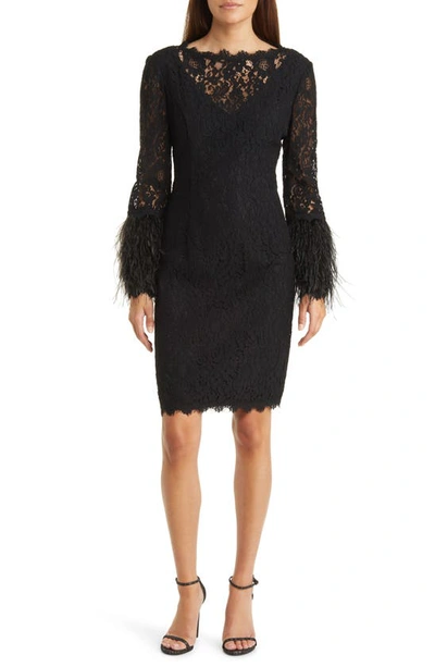 Shani Lace Feather Trim Sheath Dress In Black