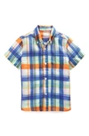 Mini Boden Kids' Vacation Short Sleeve Linen & Cotton Button-down Shirt In Fire Opal/ Green Madras