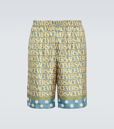 Versace Men's Logomania Polka Dot Silk Shorts In Light Blue,ivory