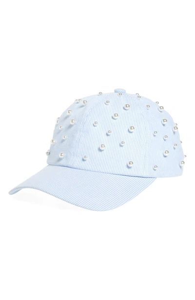 Lele Sadoughi Imitation Pearl Accent Stripe Seersucker Baseball Cap In Pacific Sky