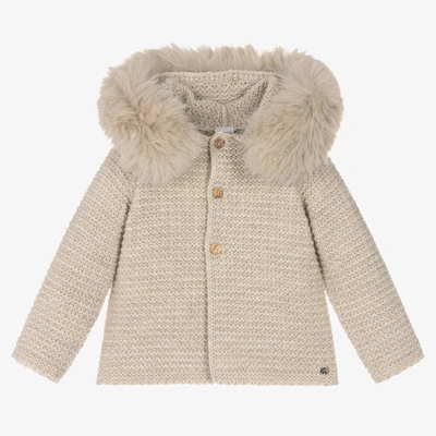 Paz Rodriguez Babies' Beige Wool Knit Hooded Jacket In Neutrals