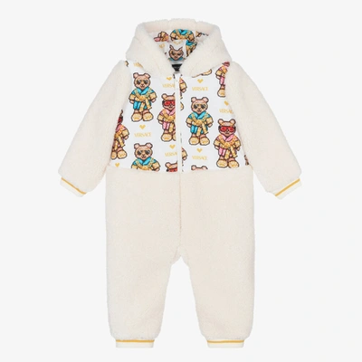Versace Babies' Beige Hooded Fleece Teddy Pramsuit