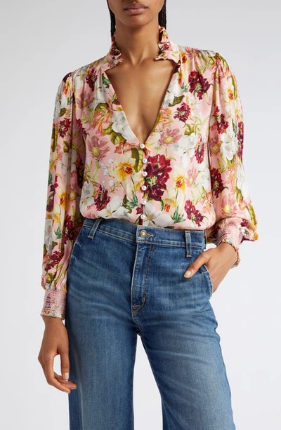 Alice And Olivia Reilly Floral-print Blouse With Mandarin Collar In Juniper Floral