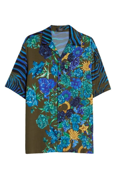 Versace Mixed Print Short Sleeve Camp Shirt In Khakimulticolor