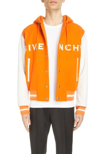 Givenchy Mixed Media Logo Wool Blend Varsity Jacket In Orange