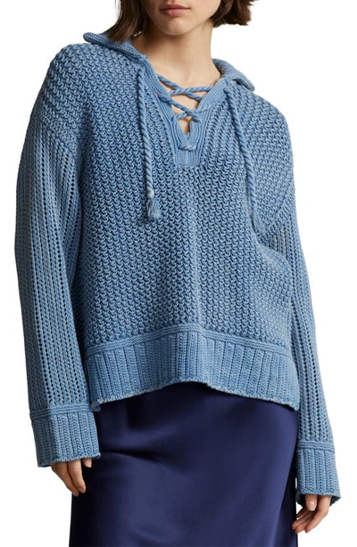 Polo Ralph Lauren Lace-up Cotton Sweater In Chambray Blue