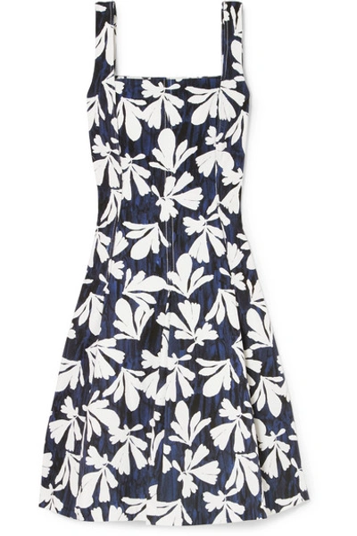 Oscar De La Renta Pleated Printed Stretch-cotton Dress In Navy