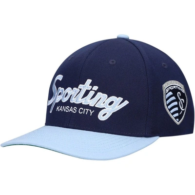 Mitchell & Ness Men's  Navy Sporting Kansas City Team Script 2.0 Stretch Snapback Hat