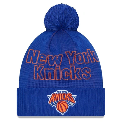 New Era Blue New York Knicks 2023 Nba Draft Cuffed Knit Hat With Pom