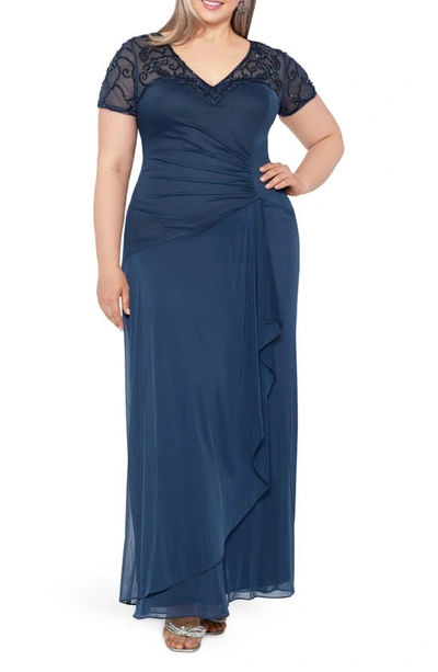 Xscape Plus Size Beaded Illusion-trim Side-ruched Gown In Charcoal