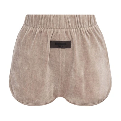Essentials Fear Of God  Logo Patch Velour Shorts In Desert_taupe