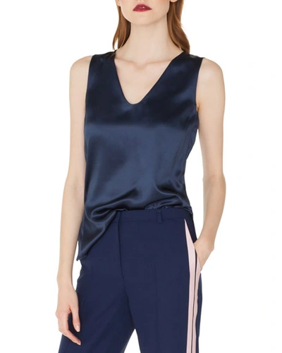 Akris Sleeveless V-neck Silk Satin Blouse With Side Slits In Dark Blue