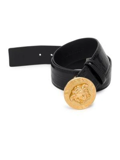 Versace Mock Croc Palazzo Leather Belt In Black Gold