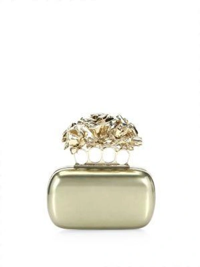 Alexander Mcqueen Four-ring Rose Leather Clutch In Gold