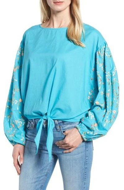 Kas New York Coline Front Tie Embroidered Sleeve Blouse In Turquoise