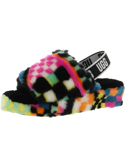 Ugg Fluff Yeah Womens Shearling Checkered Slide Slippers In Multi