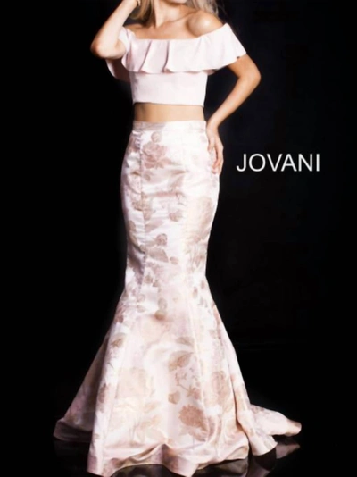 Jovani Two Piece Off The Shoulder Gown In Blush/gold In Multi