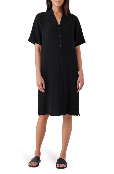 Eileen Fisher Notch-collar Shirtdress With Elbow Sleeves In Black