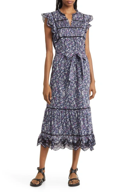Rails Sofie Embroidered Floral-print Midi Dress In Blue