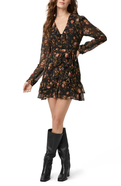 Paige Tamera Floral Ruffle Long-sleeve Mini Dress In Black Multi
