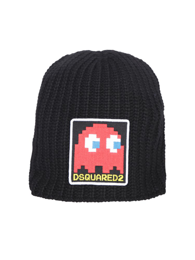 Dsquared2 Pacman Ribbed Knit Beanie In Black