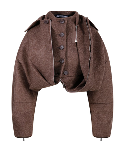 Jacquemus Le Manteau Feltro Raglan Crop Jacket In Dark Brown