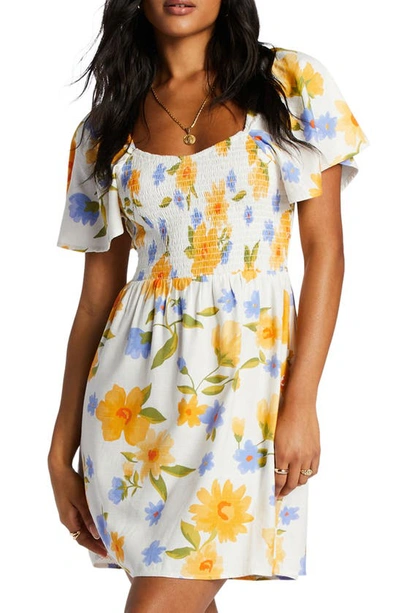 Billabong Sweet Side Floral Smocked Dress In Salt Crystal