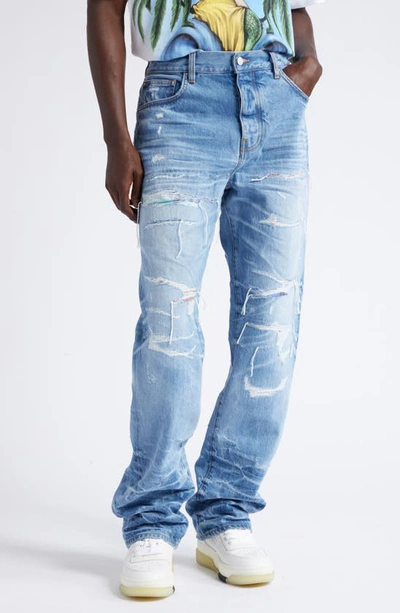 Amiri Aloha Print Patch Ripped Straight Leg Jeans In Blue