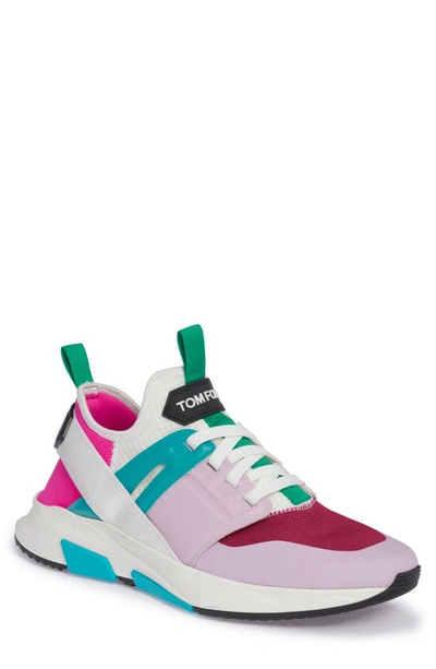 Tom Ford Jago Mixed Media Sneaker In Fuchsia/ Pink/ White