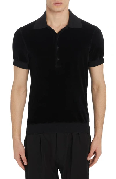 Tom Ford Short Sleeve Cotton & Modal Blend Velour Polo In Black