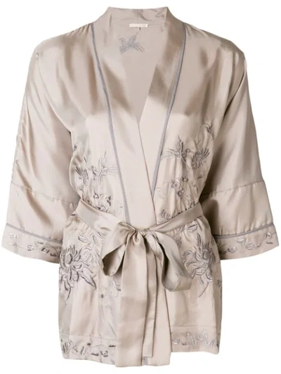 Gold Hawk Embroidered Kimono Blouse In Grey