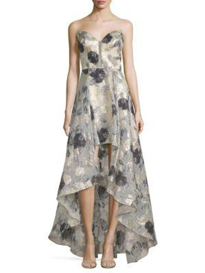 Basix Black Label Off-the-shoulder High-low Print Gown In Black Silver