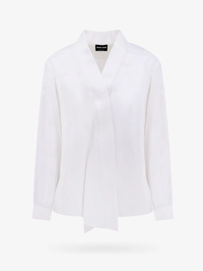 Giorgio Armani V-neck Long-sleeves Silk Shirt In White