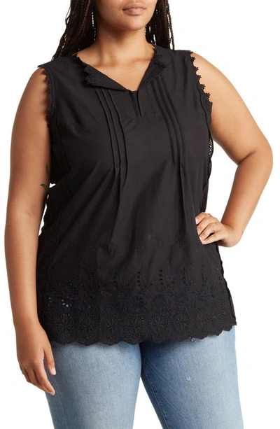 Forgotten Grace Sleeveless Pintuck Eyelet Trim Tunic In Black