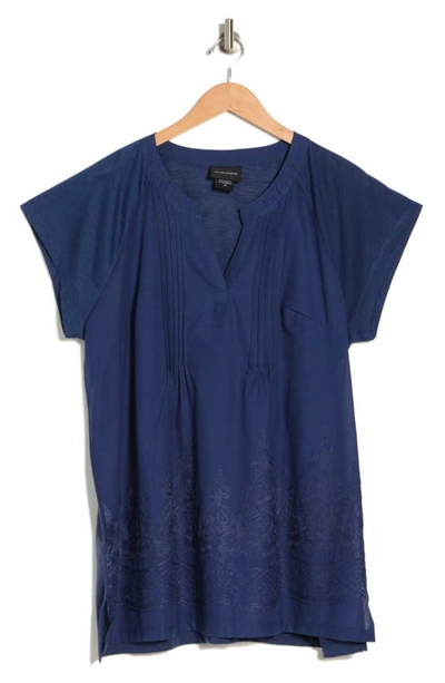Forgotten Grace Pleated Embroidered Cotton Tunic Top In Navy