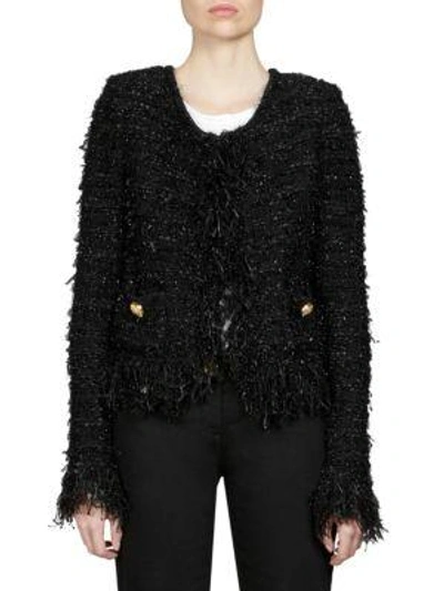 Balmain Tweed Fringed Blazer In Black