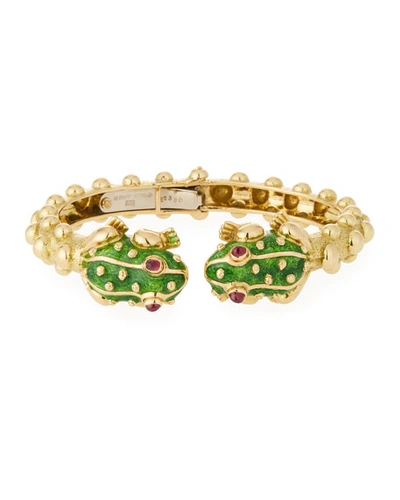 David Webb 18k Gold Baby Frog Cuff Bangle In Green Enamel