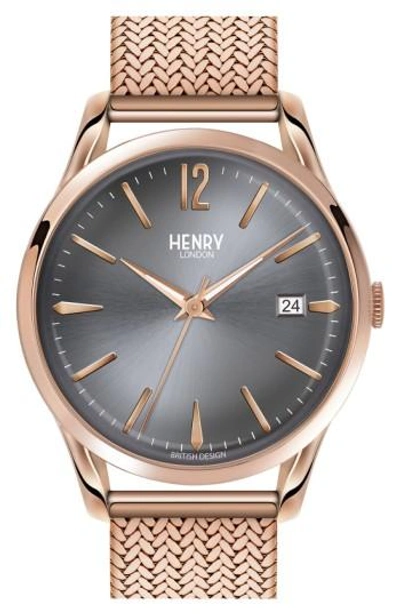 Henry London 'finchley' Analog Mesh Strap Watch, 38mm In Rose Gold/ Slate Grey