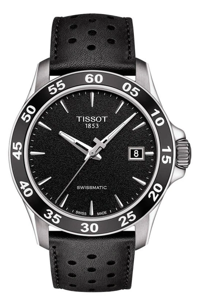 Tissot V8 Swissmatic Perforated Leather Strap Watch, 42mm In Black/ Silver