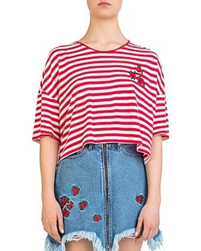 The Kooples Rose-embroidered Striped Cropped Top In Ecru