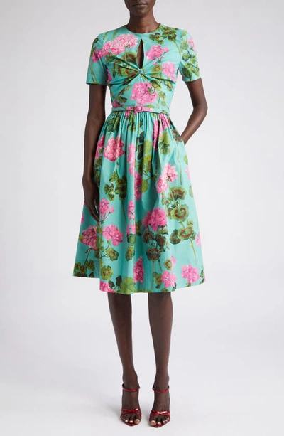 Oscar De La Renta Twist Front Geranium Cotton Poplin Dress In Pink/jade