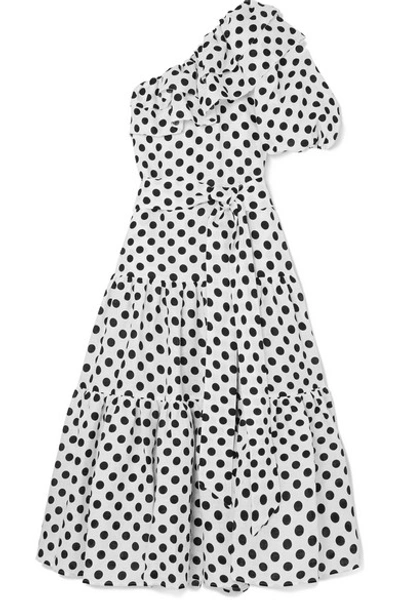 Lisa Marie Fernandez Arden Ruffled One-shoulder Polka-dot Linen Maxi Dress In White And Black