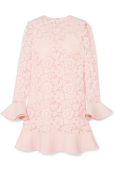 Valentino Jewel-neck Long-sleeve Heavy Lace Crepe Couture Dress With Ruffle Details In Pastel Pink