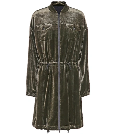 Brunello Cucinelli Zip-front Drawstring-waist Long-sleeve Liquid Velvet Jacket In Green