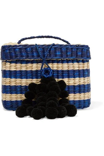 Nannacay Baby Roge Pompom-embellished Striped Woven Raffia Tote In Blue