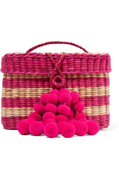 Nannacay Baby Roge Pompom-embellished Striped Woven Raffia Tote In Sand