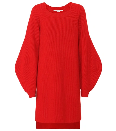 Stella Mccartney High-low Balloon-sleeve Ribbed Wool Tunic Sweater In Lover Red