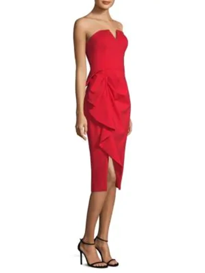 Aidan Mattox Strapless Midi Dress W/ Side Ruching In Red